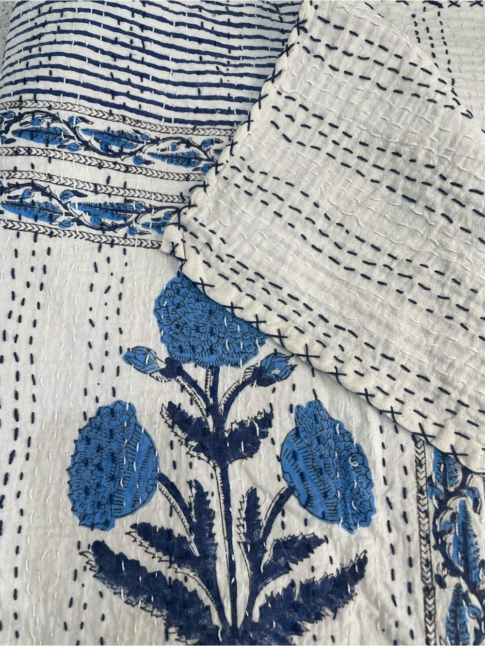 Kantha Blue/White Floral Quilt Top Queen Size 90 X 108 hand stitched - Picture 2 of 7
